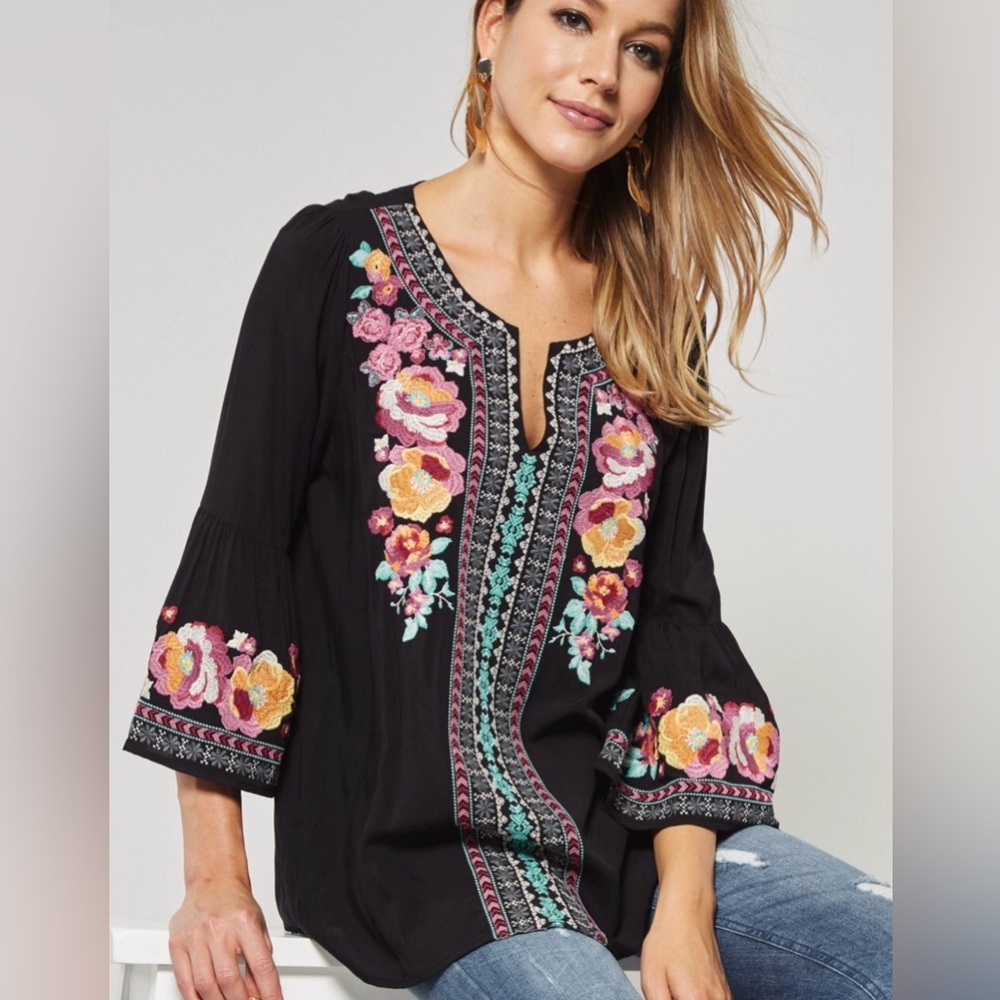 Savanna Jane Black Rayon Top with Pink and Orange Embroidery - Picture 8 of 8